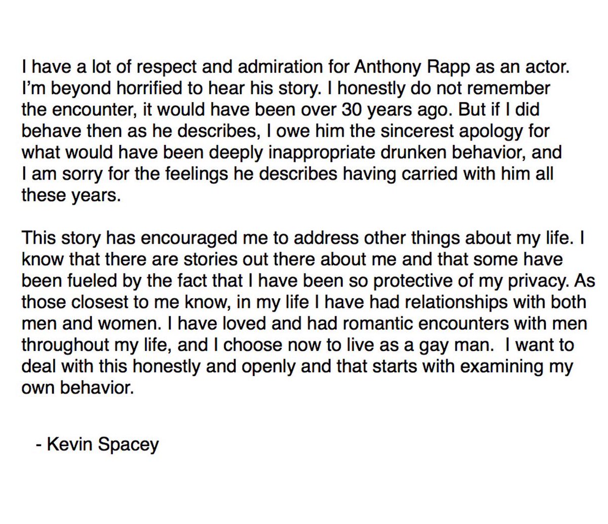 Kevin Spacey, scuse per le molestie ad Anthony Rapp